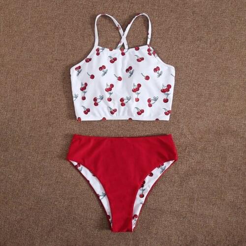 New Women Beachwear Cherry Print Padded High Waist Triangle Bikini Set Lace Up Bandage Push-up Swimsuit Bathing Suit Swimwear#g3