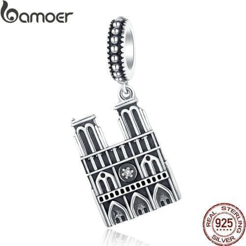 Bamoer Travel Landmark of France Pendant Charm Silver 925 Original Notre Dame de Paris Vintage Charm Souvenirs Gifts SCC1328