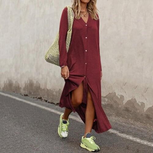 Plus Size Women Solid Color Long Sleeve V Neck Buttons Front Slit Long Dress