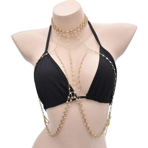 Sexy Gold Metal Rhinestone Choker Necklaces Bikini Bra Body Chain Dance Night Club Party Body Jewelry Holiday Beach Gift