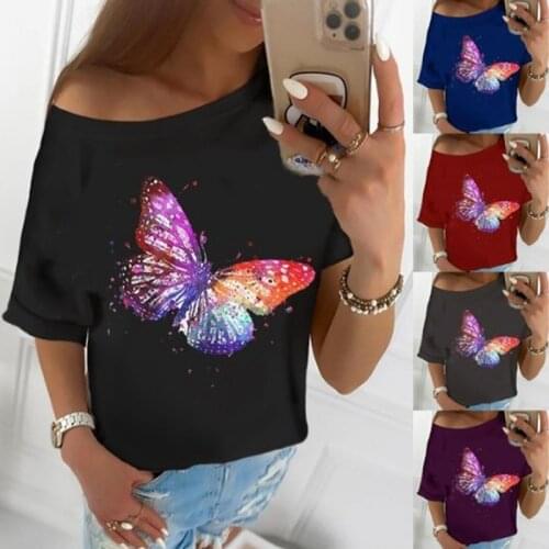Off Shoulder T Shirt Tops Womens Cotton T Shirt Summer Print Short Sleeved Tops