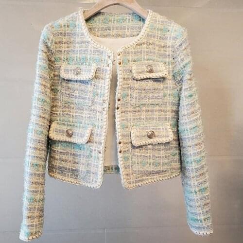 French style small fragrance tweed short jacket women o-neck slim weave top outerwear