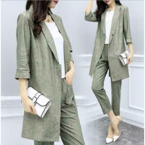 Womens Ladies Fashion Cotton Linen Long Blazer Cropped Pants Suit Sets 2 Pcs