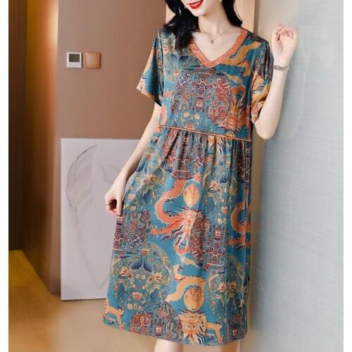 ZUOMAN Summer Print 5XL Plus Size Mulberry Silk Dress Women Elegant Bodycon Party Vestidos Boho Vintage Loose Midi Dresses