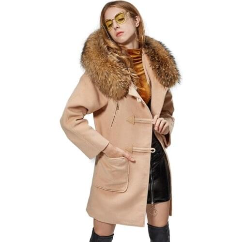 2021 Woolen Coat Real Natural Raccoon Fur Collar Wool Blends Female Coat Winter Women Jacket Overcoat