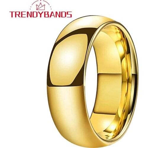 Gold 8MM Tungsten Carbide Ring Mens Womens Engagement Wedding Band Polished Domed Comfort Fit