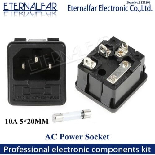 10A 250V AC 3 Pin IEC320 C14 Male Inlet Connector Plug Power Socket 10A Fuse Holder Iron Copper Square TUC Adapter Outlet AC-02