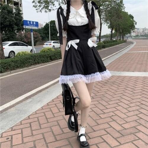 Lolita Kawaii Peter Pan Collar Short Sleeve Shirt Blouse + Soft Girl Sweet Bow Lace Suspenders Pants Skirt Two-Piece Suit Outfit