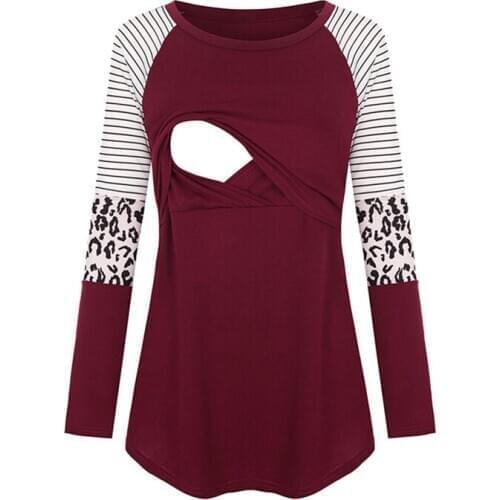 Maternity Tshirt Womens Long Sleeve Lactation Dress Maternity Leopard Print Round Neck Long Sleeve T-shirt
