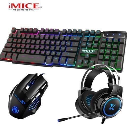 3 in 1 Gaming Sets Keyboard Mouse Earphone Wired 104 Keycaps Backlit Keyboard with 2400DPI Mouse and Noise Reduction Headset