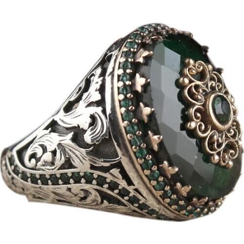 Silver Plated Craftsman Inlay Large Green Cubic Zircon Stone Finger Ring Metal Ring For Women Men Exaggerated Anniversary Gift