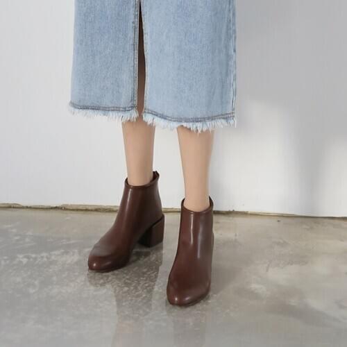 Leather Ankle Boots Ladies High Heels Thick Heel Boots Ladies Zipper Shoes Women Round Toe Fashion Shoes Ladies Winter Size33-42