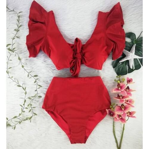 Swimwear Women Ruffled Bikini Solid Red Lace Up Bandage High Waist Swimsuit Vintage Beach Bathing Suit Push Up Bikini Biquini