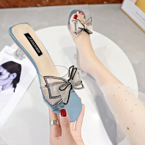 2020 Summer New Ladies Slippers Women Shoes Woman Crystal Fish Mouth Bow Knot Transparent High Spike Heels Fashion Mules Slides