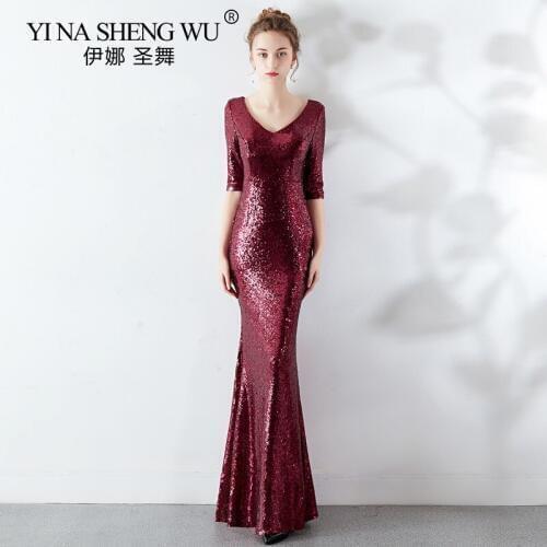 New Mermaid Long Dress Sexy V-Neck Half Sleeve Sequined Noble Elegance Formal Party Gown Robe De Mariee Vestito Lungo