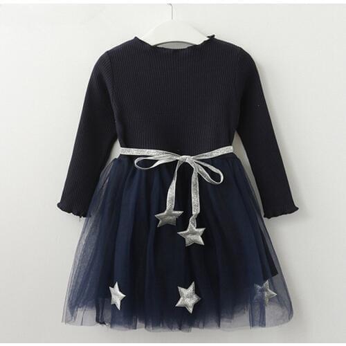 New autumn childrens wear dress girl Fairy Stars Belt Tulle gauze dress Kids Baby Fashion Long sleeve princess dress DR19159