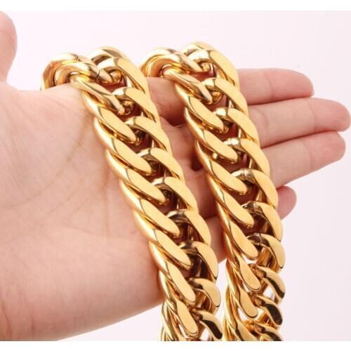 Charming 21MM New 316L Stainless Steel Gold Color Cuban Curb Link Chain Mens Boys Bracelet Bangle Or Necklace 7"-40" Hot Jewelry