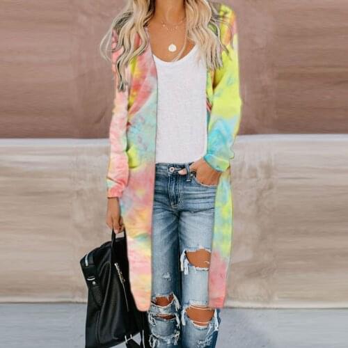 Autumn Spring Womens Casual Fashion Tie-dye Printed Long-Sleeved Jacket Open Stitch Slim Mid-Length Cardigan Coat Outwear#35