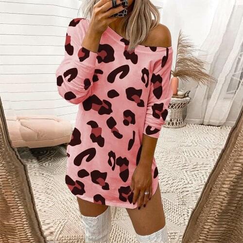 Autumn Fashion Leopard Print T-Shirts Dress 2021 Women Casual Off Shoulder Long Sleeve Plus Size Mini Dresses Woman Long Tops