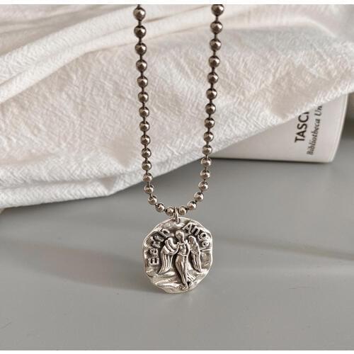 Retro Guardian Authentic 925 Sterling silver portrait Angel Wings Disc COin necklace Beads Chain Pendant FINE jewelry TLX673