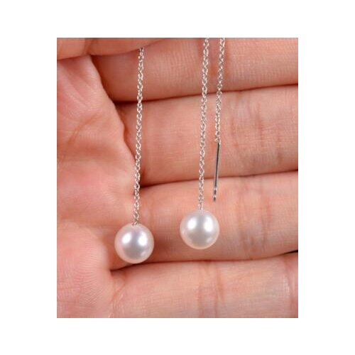 Free shipping Details about Natural Round 7MM Freshwater Pearl Line Dangle Earrings 14 White Gold Jewelry