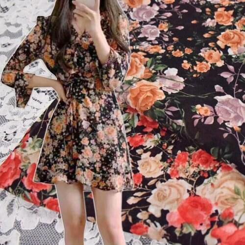 New Spring And Summer Rose Flower Printing 75D Chiffon Fabric Dress Sling Girls Clothing Handmade DIY Fabric