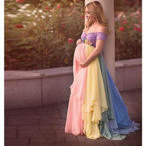 Chic Pretty Mix Color Chiffon Long Skirts Maternity Ruffles Modest Floral Pregnant Female Maxi Skirt For Women With Flower sash