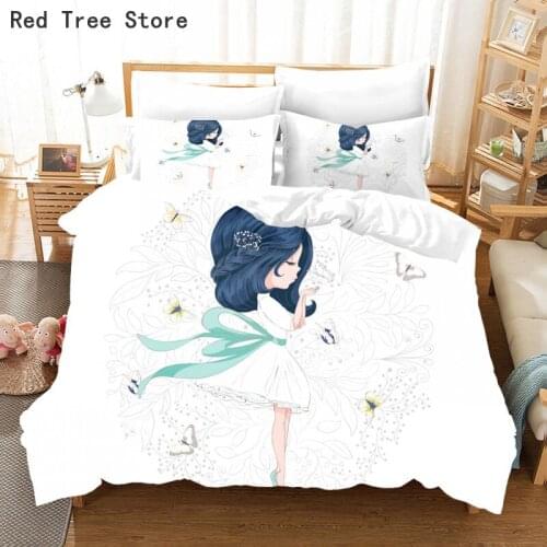Cute Elf Girl and Butterfly Bedding Set White Duvet Cover 2/3pcs Home Textile Girl Kids Baby Room Decor Gift Printed Bedspread