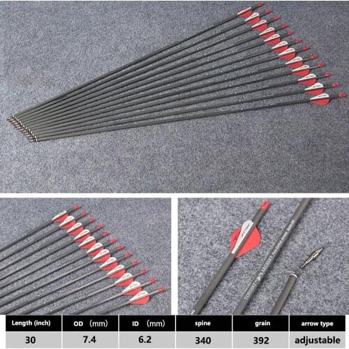 30 Inches Spine 340 Pure Carbon Arrow Diameter 7.4 mm For Compound/Recurve Bow Archery Hunting Shooting