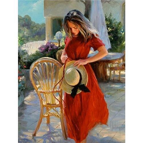 YIKEE decorative canvas oil painting by numbers,diy oil painting by number Red skirt girl