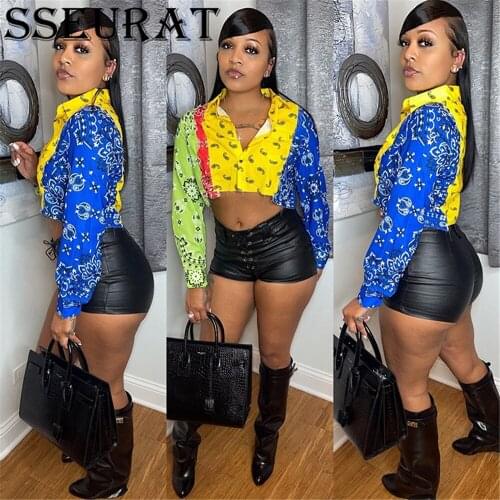 SSEURAT Women Blouse Tops Paisley Print Long Sleeves Short Cardigan Autumn Sexy Crop Shirt