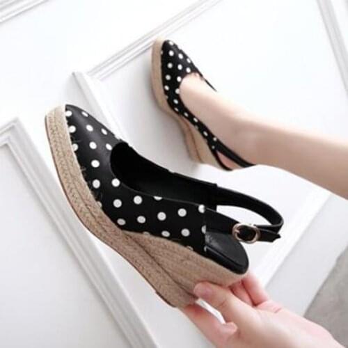 34-44 Hemp Wedges polka dot sandals women summer platform shoes woman pumps cover toe cut out high heels sandalias mujer 2021