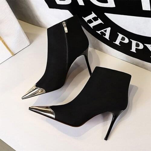 Womens Metal Decoration Pointed Toe Ankle Boots 2021 Solid Flock Winter Fashion Boots Female Zipper High Heels Sexy Party Shoes