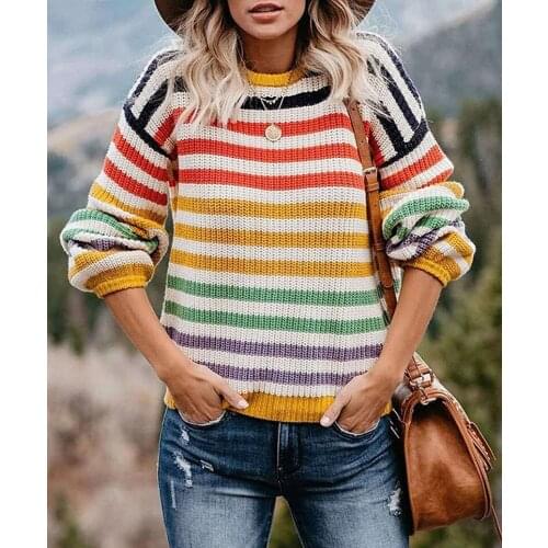 Women Rainbow Striped Sweater Autumn Knitted Pullover England Style Women Clothes Oversize Sweater for women dropshipping