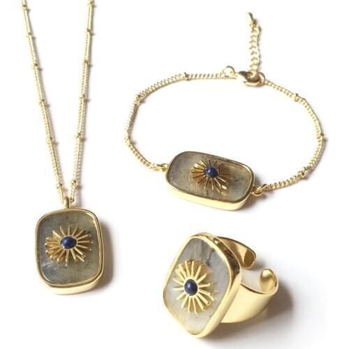 FUWO Natural Labradorite Jewelry Sets,Fashion Spectrolite Semi Precious Stones Necklace Bracelet Ring Gift For Women JS008