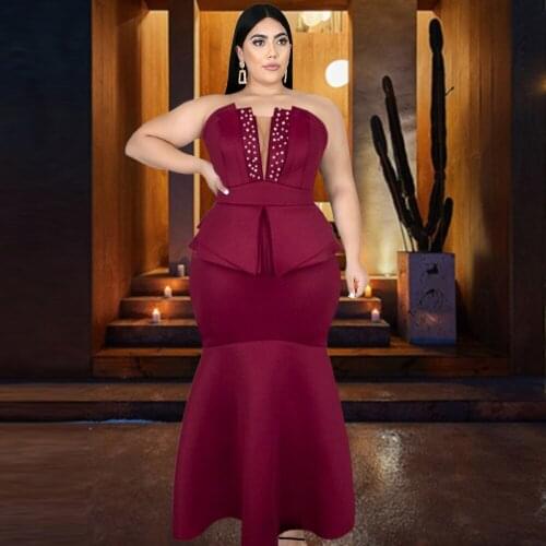 Plus Size Mermaid Dresses Bare Shoulder Sexy Beading Tunics Bodycon Party Event Wedding Elegant Club Outfits Autumn Women Dress