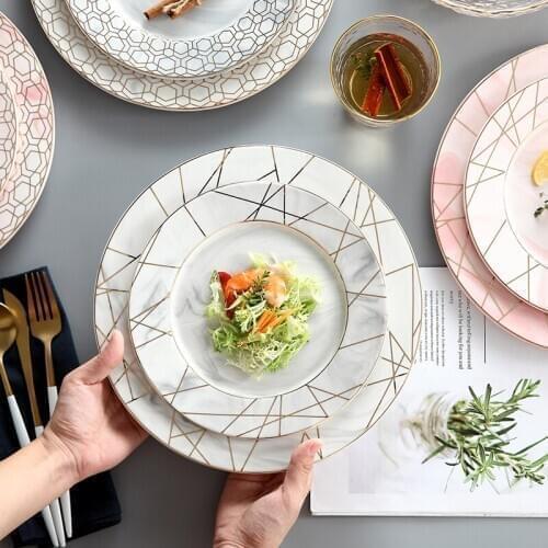 Gold Line Ceramic Marble Plate European-style Dinner Porcelain Dessert Plate Steak Salad Plate Snack Cake Tableware Plate Set