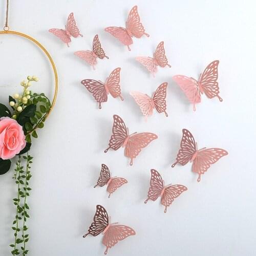 12pcs Wall Stickers 3D Hallow Rosegold Butterflies Decorative Wtickers for Home Living Room Bedroom Kid`s Room Wall Decor