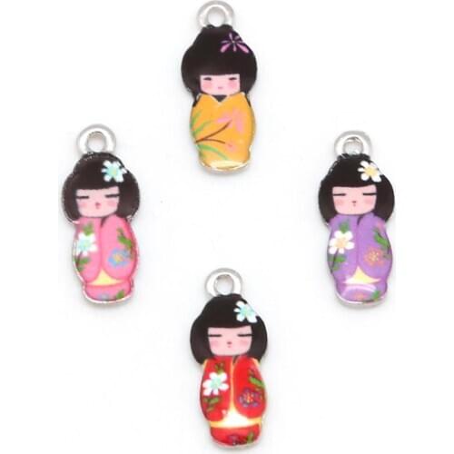 2020 10pcs 8x21mm Necklaces Pendant Japanese Doll Enamel Charms Pendant DIY Bracelet Earrings Fashion Jewelery Accessories