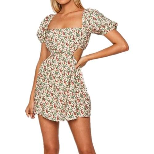2021 Spring Girls Party Solid Streetwear New Women Floral Print Sashes Dress Beach Loose Short Boho Mini Dress