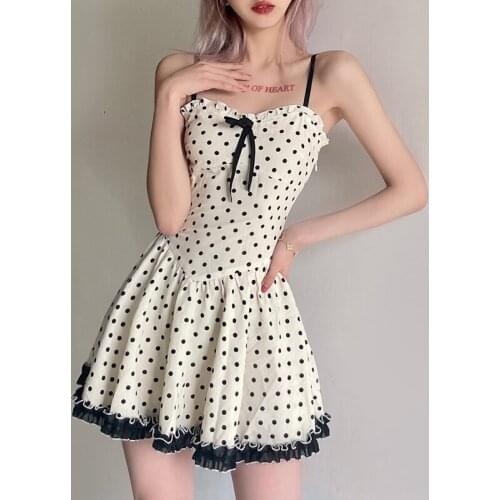 Beige Dot Printed Summer Casual Sweet Cute Women Dresses Sling Thin Casual Lady Short Dress Vesidos