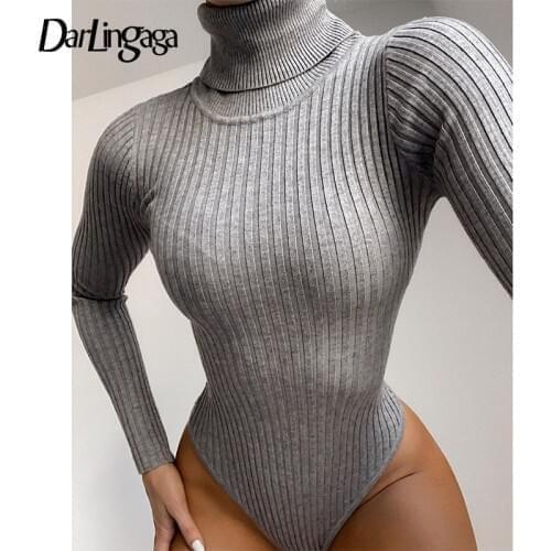 Darlingaga Autumn Winter Ribbed Knitted Long Sleeve Bodysuit Women Skinny Basic Solid Body Femme Casual Turtleneck Bodysuits Top