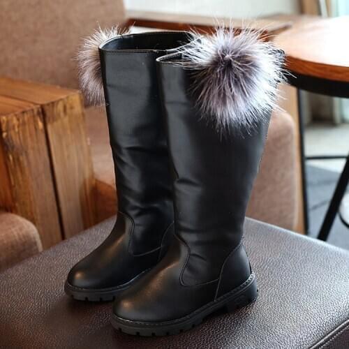 Girls' cotton boots childrens snow boots plush princess fur ball side zipper high leather boots 2020 autumn and winter new