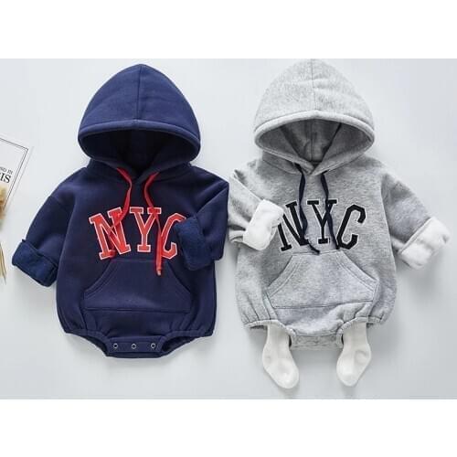 Infant Girls Jumpsuit Winter Velvet Baby Boys Bodysuits Long Sleeve Hooded Letter Print Toddler Clothes Sweatshirt