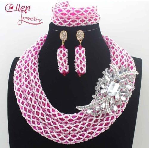 Amazing Pink and White Wedding Jewelry Set New 2019 African Nigerian Beads Crystal Jewelry Set for Brides Free Shipping N0100