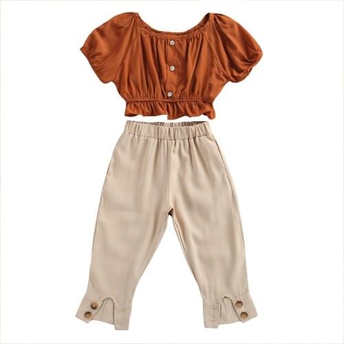 3-8Years Girl’s Short-sleeved and Trousers Suit Fashion Solid Color T-shirt and Beam Feet Long Pants