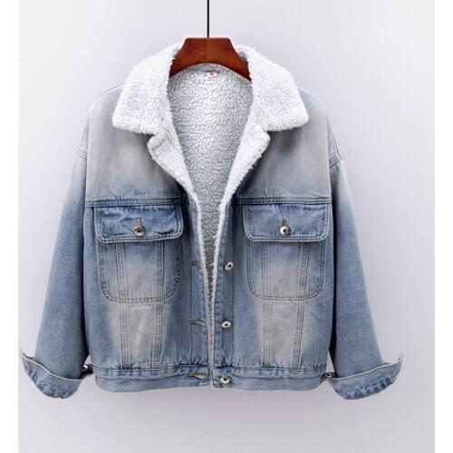 Thick Lamb Fur Liner Jeans Jacket Coat Women Winter Warm Loose Short Denim Jacket Female 2 Color Vintage Outwear Chaquetas Mujer