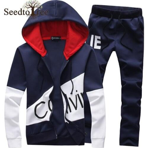 Spring and Autumn Mens Sports Suit Color Block Casual Zip Jacket Mens Sets