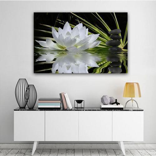 Wall Art Painting Canvas Lotus Flower Zen Picture Modern Art Black Stone Printing For Living Room No Frame Home Decor