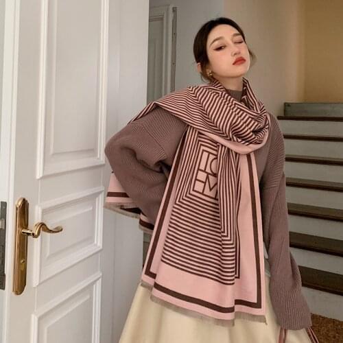 OMEA Blanket Scarf Striped Winter Scarf Women Pashmina Cashmere Scarf Luxury Brand Imination Wool Poncho Fashion Shawl Pink